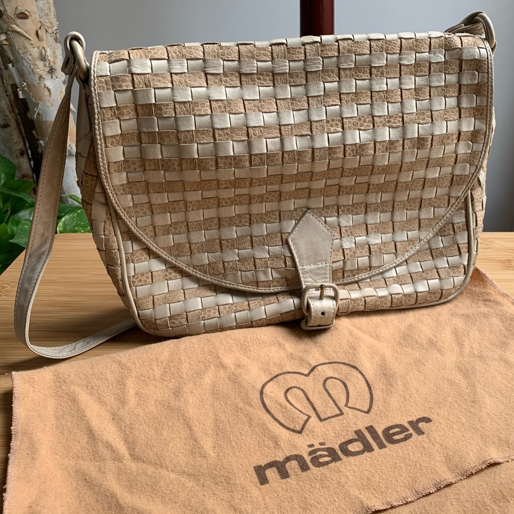 VTG Woven Leather Mädler Purse Taupe Ecru